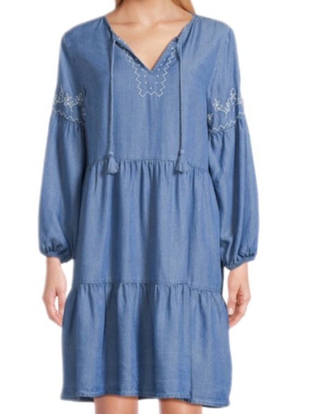 beachlunchlounge Women’s Large Lyocell Chambray Blue Embroidered Tiered Dress